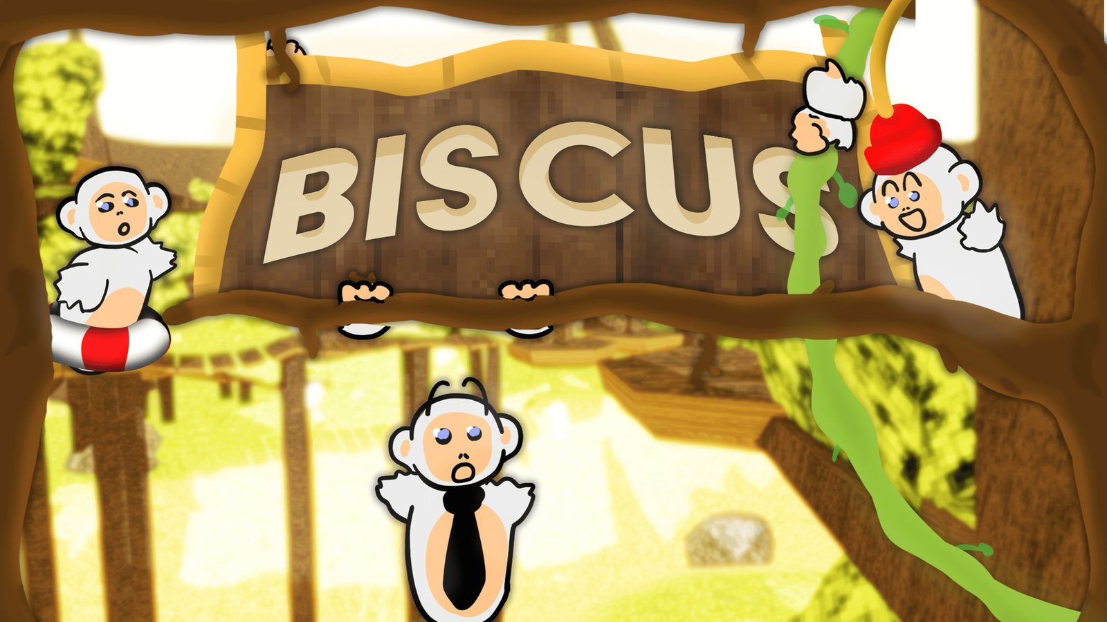 The Biscus VR sign hanging in the jungle, with Biscus monkeys climbing over it